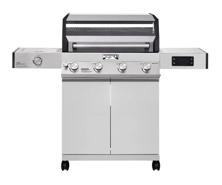Monument Grills Denali Series D405 4-Burner Stainless Steel Smart Propane Grill with Color-Changing LED Backlit Knobs, Digital Touchscreen, and Bluetooth Connectivity for Effortless Outdoor Cooking.