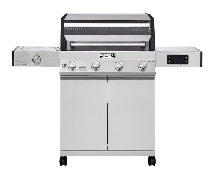 Monument Grills Denali Series D405 4-Burner Stainless Steel Smart Propane Grill with Color-Changing LED Backlit Knobs, Digital Touchscreen, and Bluetooth Connectivity for Effortless Outdoor Cooking.
