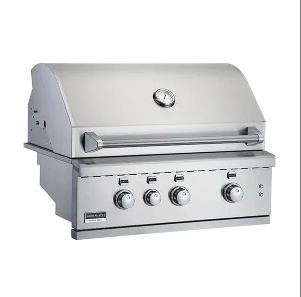 Broilmaster G-Series 34" Elite Edition Built-In Gas Grill, premium stainless steel construction, three high-output Bow Tie burners, 806 sq in total cooking space, infrared rotisserie burner and precision heat control features.