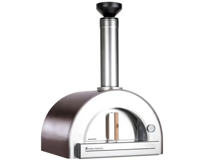 Copper Forno Venetzia "Pronto 200" countertop oven features bold red finish, signature chimney cap, oak door handle, and fire brick hearth for authentic Italian wood-fired cooking with modern design and precise temperature control.