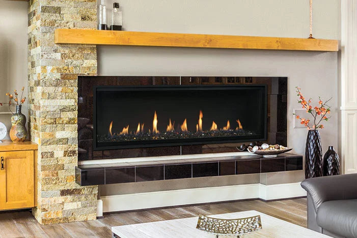 Superior DRL4000 Series Linear Direct Vent Gas Fireplace in sleek modern design, showcasing expansive ceramic glass viewing area with rising flames through reflective black crushed glass media.