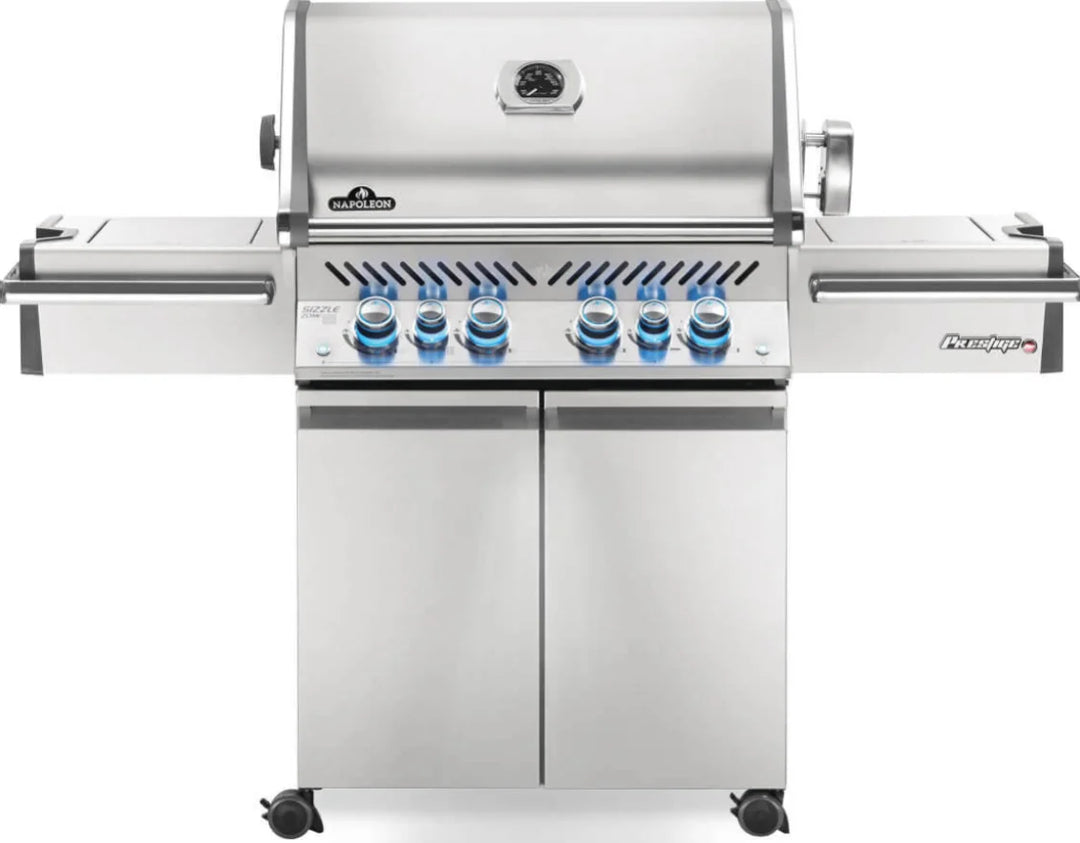 Napoleon Prestige Pro 500 gas grill featuring six powerful burners, including infrared rear and side burners, stainless steel cooking grids, and LED Spectrum NIGHT LIGHT control knobs.