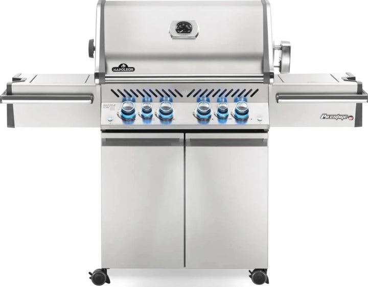 Napoleon Prestige Pro 500 gas grill featuring six powerful burners, including infrared rear and side burners, stainless steel cooking grids, and LED Spectrum NIGHT LIGHT control knobs.