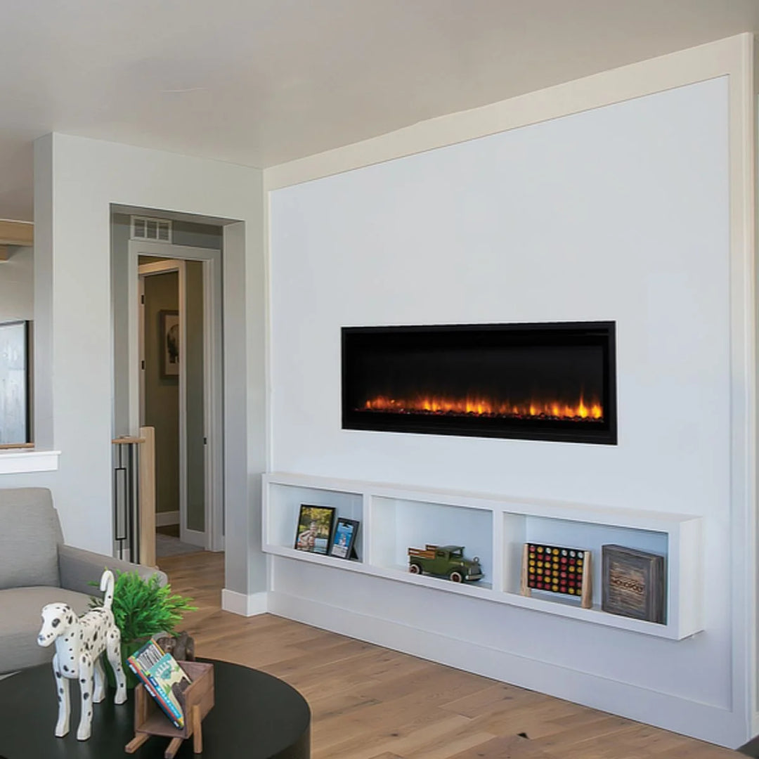 Superior ERL2000 Electric Fireplace featuring smoked crystal ember bed, vibrant yellow flames, and multi-colored LED lighting in a slim 4-5 inch depth design.