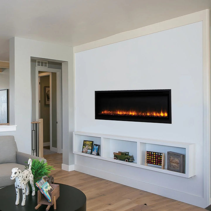 Superior ERL2000 Electric Fireplace featuring smoked crystal ember bed, vibrant yellow flames, and multi-colored LED lighting in a slim 4-5 inch depth design.