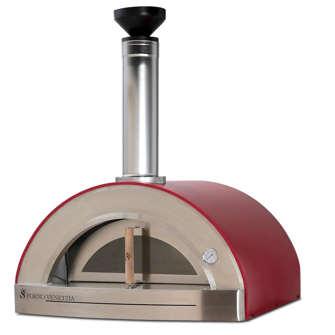 Forno Venetzia Torino 200 Red Wood-Fired Countertop Oven features a 32x24 inch cooking surface, glass door, firebrick hearth, and dual-layer ceramic insulation for authentic Italian-style cooking.