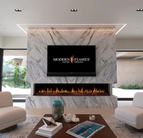 Modern Flames Orion Multi Electric Fireplace, featuring realistic Heliovision flames in 3 patterns & 6 colors, customizable lighting & ambient sounds, and 5,000 or 10,000 BTU heating options.