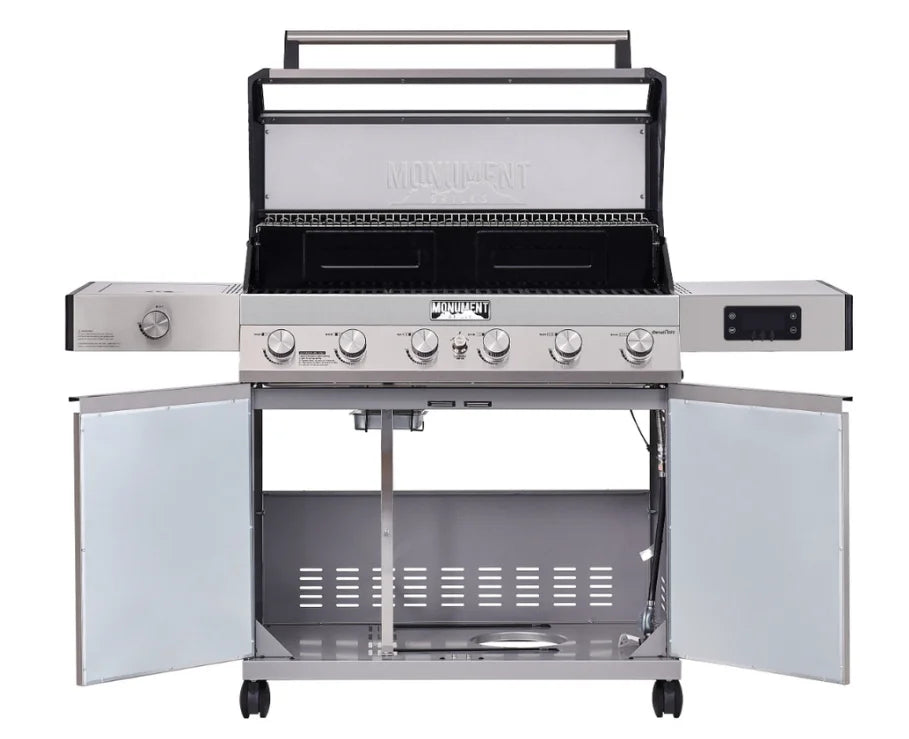 Monument Grills Denali Series D605 gas grill features six high-output burners and an 84,000 BTU total heat system for intense even cooking across 895 sq in of grilling space with premium stainless steel construction and digital touchscreen interface.