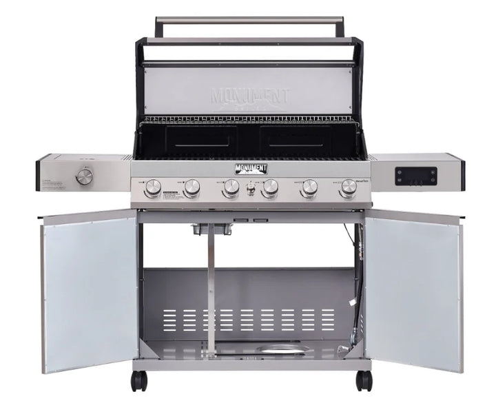 Monument Grills Denali Series D605 gas grill features six high-output burners and an 84,000 BTU total heat system for intense even cooking across 895 sq in of grilling space with premium stainless steel construction and digital touchscreen interface.
