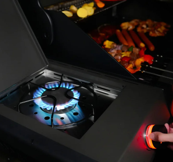 Monument Grills "E405" Gas Grill - Eminence Series: A modern outdoor cooking system featuring a full-color LED touch panel, premium finish, and advanced heating system with four 12,000 BTU burners and porcelain-coated cast iron grates for even heat distribution.