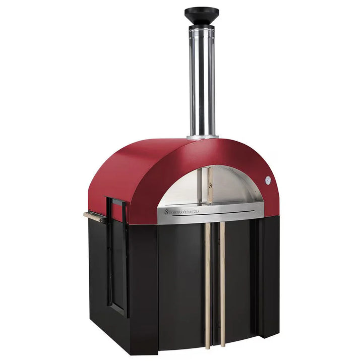 Forno Venetzia "Bellagio 300" Red: Luxury wood-fired oven with 36"x32" hearth, dual-layer ceramic insulation, and UV-resistant powder-coated dome in elegant red finish.