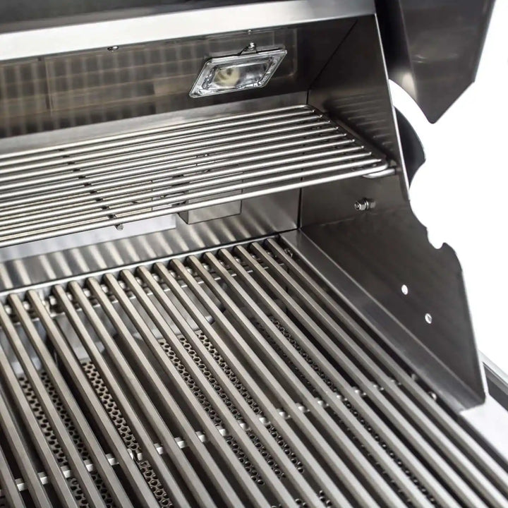 Blaze Professional LUX 44" Freestanding Gas Grill featuring marine-grade stainless steel construction, four cast H-burners, infrared rear burner, rotisserie kit, and LED-illuminated control knobs.