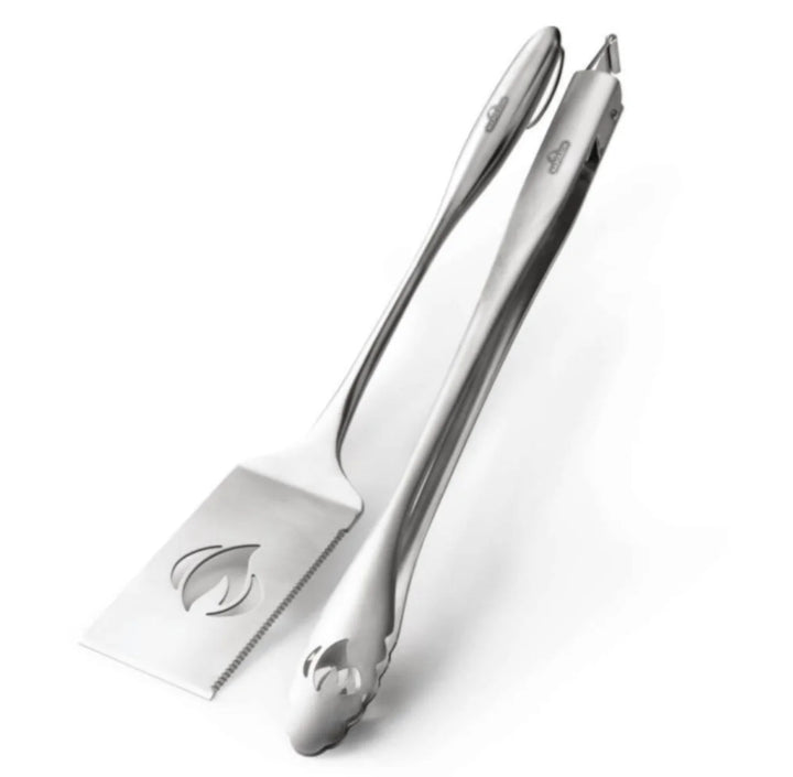 Napoleon PRO Stainless Steel 2-Piece Toolset featuring curved ergonomic handles and oversized hanging loops, including locking tongs with slide-lock mechanism and scalloped tips, and multifunctional spatula with extra-long face and serrated edge.