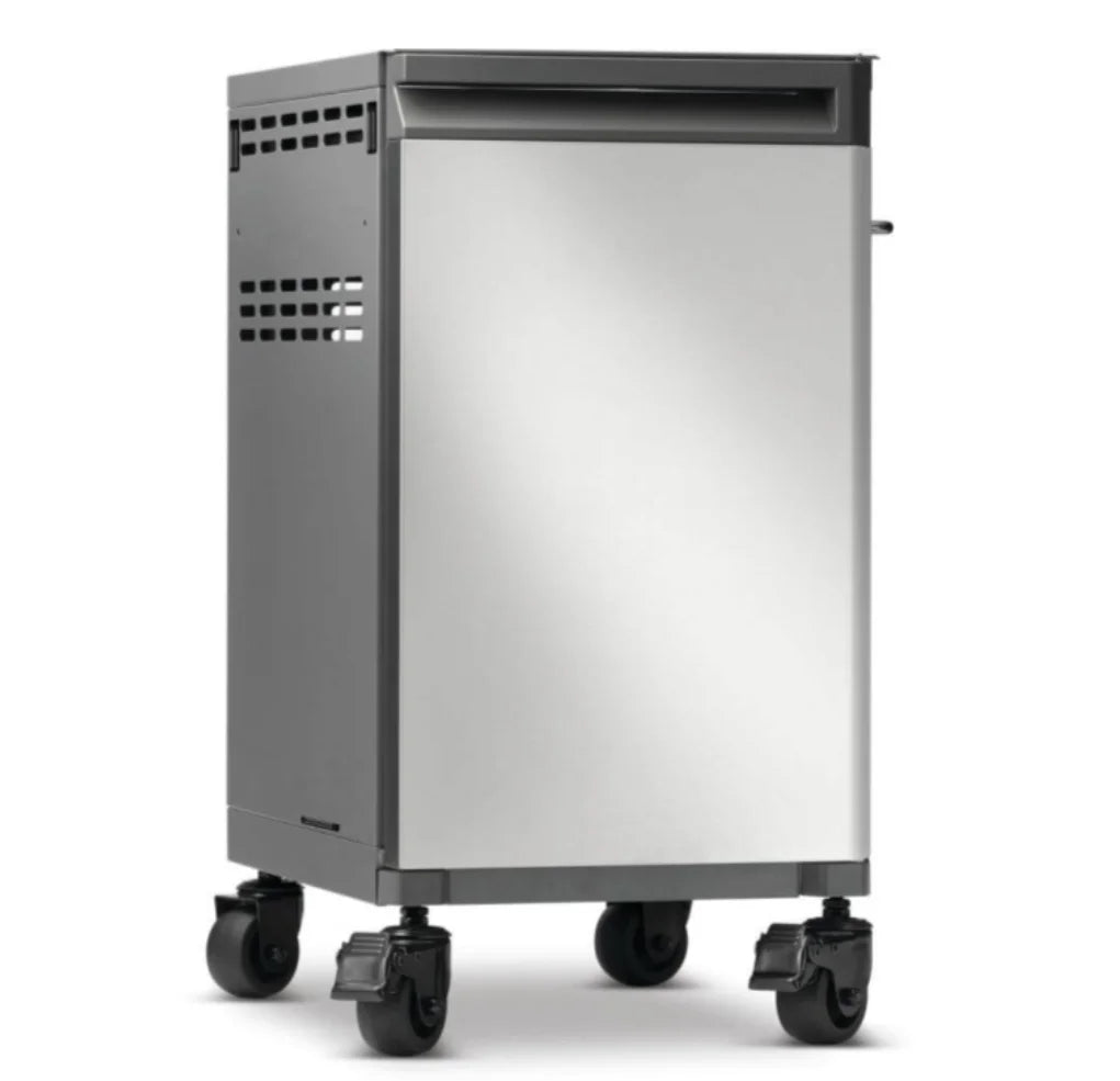 Napoleon Prestige Under Grill Storage Carts (Two Carts), sleek stainless steel cabinets with hidden drawer, tool hooks, and divider for organized outdoor cooking setup.