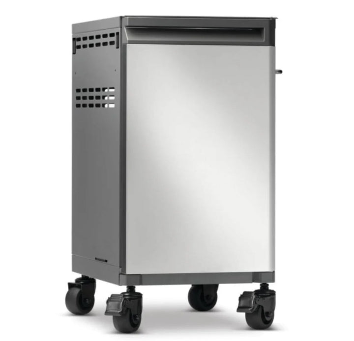 Napoleon Prestige Under Grill Storage Carts (Two Carts), sleek stainless steel cabinets with hidden drawer, tool hooks, and divider for organized outdoor cooking setup.