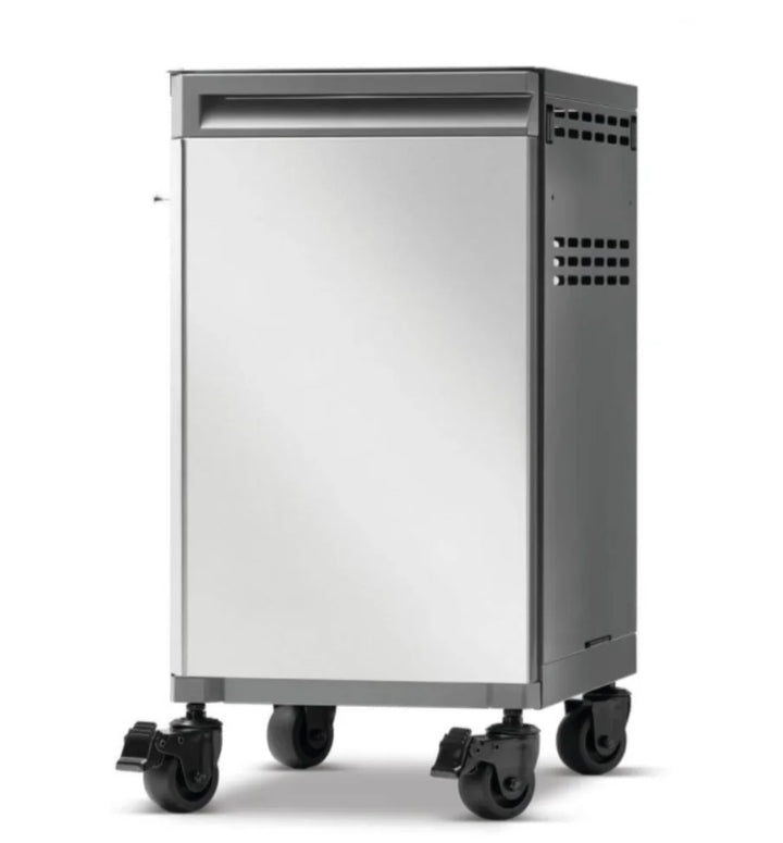 Napoleon Prestige Under Grill Storage Carts (Two Carts) - Two premium stainless steel storage cabinets with hidden top drawer, integrated tool hooks, and smooth-rolling locking wheels for convenient grilling organization.