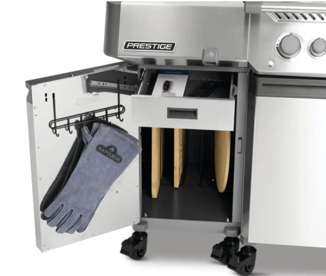 Napoleon Prestige Under Grill Storage Carts (Two Carts) - High-quality stainless steel storage units with hidden top drawer, tool hooks, and integrated divider for organized grilling essentials