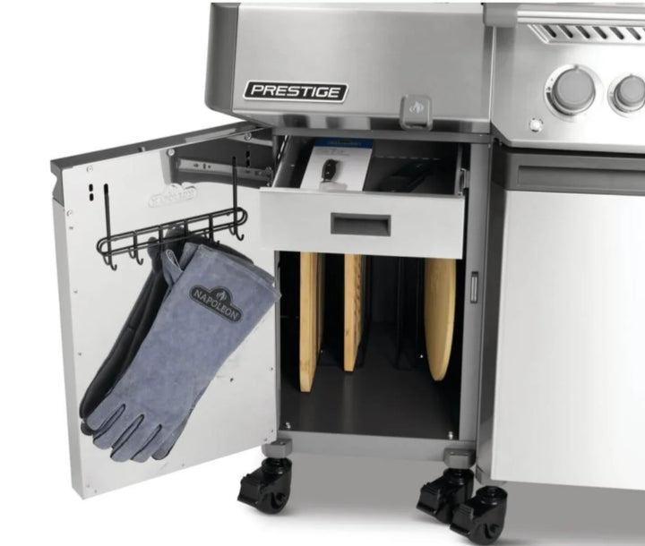 Napoleon Prestige Under Grill Storage Carts (Two Carts) - High-quality stainless steel storage units with hidden top drawer, tool hooks, and integrated divider for organized grilling essentials