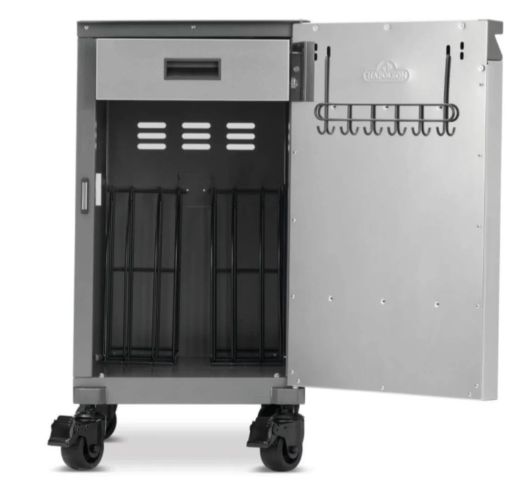 Napoleon Prestige Under Grill Storage Carts (Two Carts) - Pair of premium stainless steel storage cabinets with hidden top drawer, tool hooks, and integrated divider for organized grilling essentials.