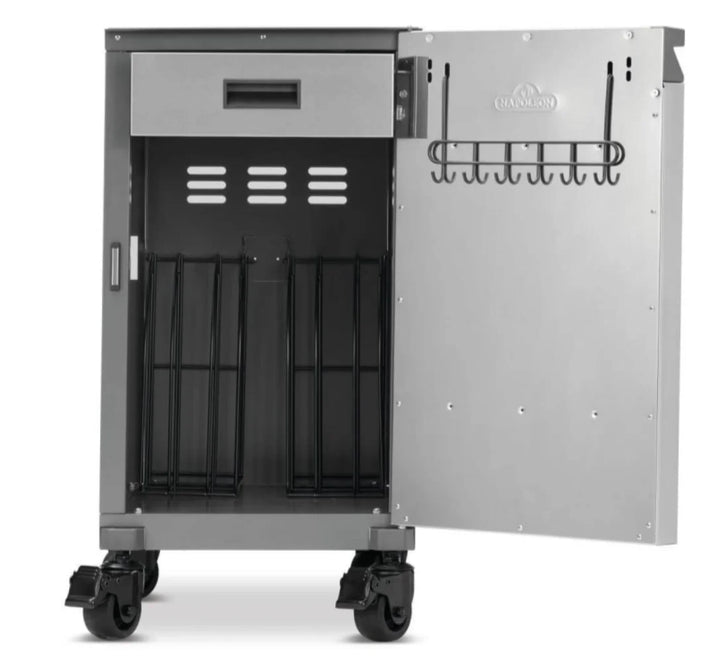 Napoleon Prestige Under Grill Storage Carts (Two Carts) - Pair of premium stainless steel storage cabinets with hidden top drawer, tool hooks, and integrated divider for organized grilling essentials.