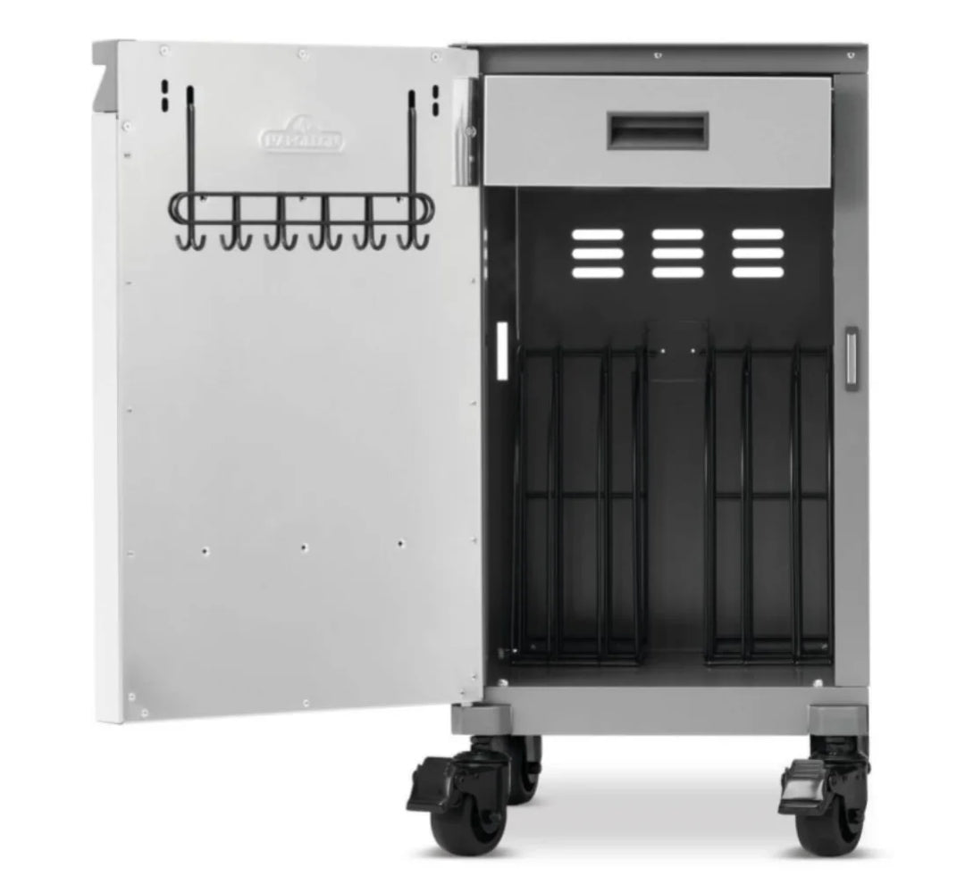 Napoleon Prestige Under Grill Storage Carts, two stainless steel carts with hidden top drawers, tool hooks, and integrated storage dividers for organized grilling essentials.