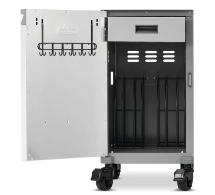 Napoleon Prestige Under Grill Storage Carts, two stainless steel carts with hidden top drawers, tool hooks, and integrated storage dividers for organized grilling essentials.