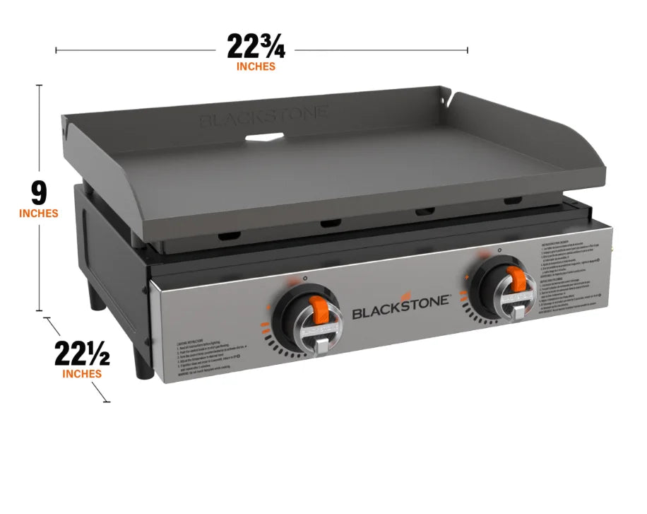Blackstone Original 22-Inch Tabletop Griddle features a 22-inch Omnivore Griddle Plate with even heat distribution, dual independently controlled heat zones, and stainless steel burners for versatile outdoor cooking.