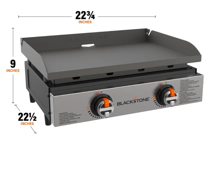 Blackstone Original 22-Inch Tabletop Griddle features a 22-inch Omnivore Griddle Plate with even heat distribution, dual independently controlled heat zones, and stainless steel burners for versatile outdoor cooking.