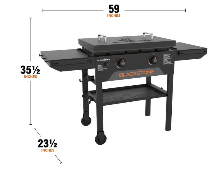 Blackstone Original 28-Inch Griddle with Hard Cover features Omnivore griddle plate for rapid preheating and even heat distribution, along with dual side shelves, electric ignition, and rear grease management system.