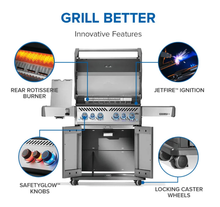 Napoleon Rogue PRO-S 525 RSIB grill features six burners, including infrared side and rear burners, stainless steel cooking grids, and sleek modern design.