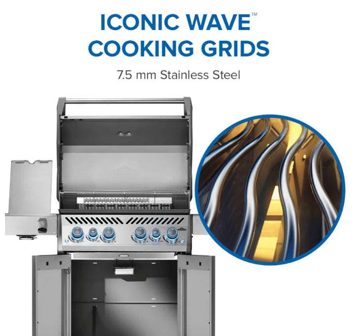 Napoleon Rogue PRO-S 525 RSIB with Infrared Side and Rear Burner: A six-burner stainless steel grill featuring SIZZLE ZONE infrared side burner, rear rotisserie burner, WAVE cooking grids, and SafetyGlow control knobs for safe nighttime cooking.