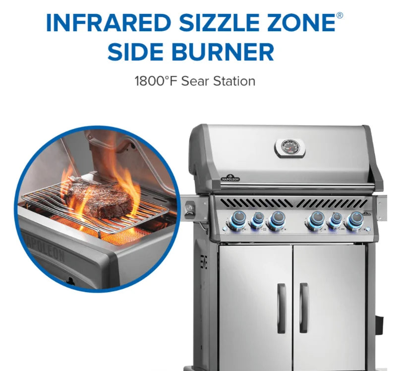 Napoleon Rogue PRO-S 525 RSIB grill features six burners, including an infrared side burner for searing and a rear rotisserie burner for evenly roasted meals.