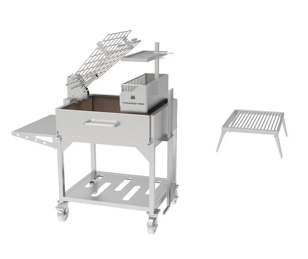 Tagwood Santa Maria Style Clamp Grill with Firebox features #304 stainless steel construction, rotating clamp grill, and fixed grill box for 360° open-fire cooking experience.