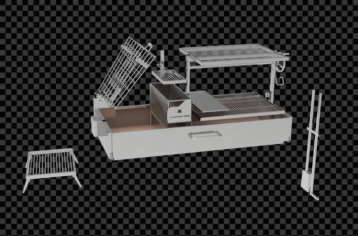 Tagwood 2XL Built-In Santa Maria Style Grill features five cooking zones, including main grate, clamp grill, griddle, roofing grill, and secondary grate, offering over 2,600 sq. in. of grilling space with precise heat control via traditional Santa Maria elevation system.