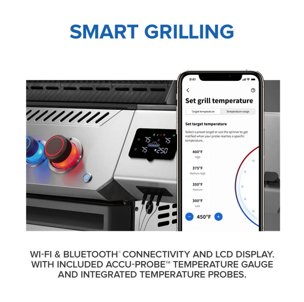 Napoleon Prestige 500 Series RSIB Gas Grill features sleek stainless steel design, powerful infrared burners, and smart technology for enhanced grilling performance.