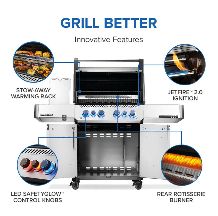 Napoleon Prestige 500 RSIB Series gas grill with sleek stainless steel design, infrared burners, and smart features for professional backyard grilling.