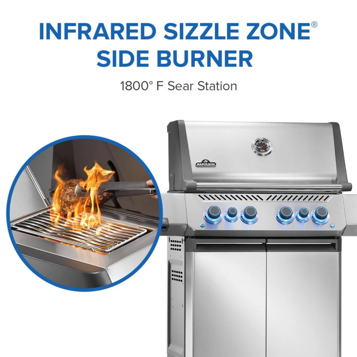 Napoleon Prestige 500 Series RSIB Gas Grill features stainless steel design, infrared rear and side burners, heavy-duty rotisserie kit, and smart technology connectivity for elevated backyard grilling experience.