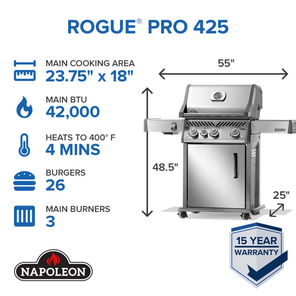 Napoleon Rogue PRO 425 SIB Grill featuring stainless steel construction, Infrared Side Burner for steakhouse-quality sears, and WAVE Grids for even heat distribution and signature sear marks.