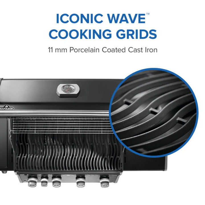 Napoleon Rogue PRO 525 Natural Gas Grill features infrared SIZZLE ZONE side burner, porcelainized cast iron cooking grids, and durable black finish for professional-grade performance in all weather conditions.