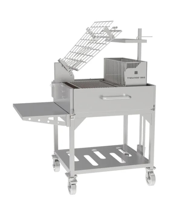 Tagwood Santa Maria Style Clamp Grill with Firebox, built from #304 stainless steel, features rotating clamp grill, fixed grill box, and secondary grate for 360° open-fire cooking experience.