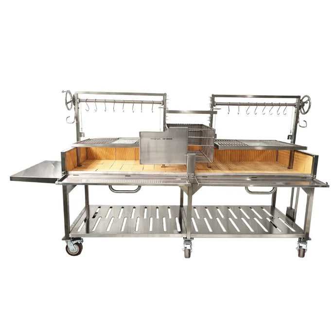 Tagwood XL Santa Maria Style Grill - Stainless Steel: premium 304 stainless steel grill with two massive grilling surfaces, dual fireboxes, height-adjustable grates, and interchangeable griddle.