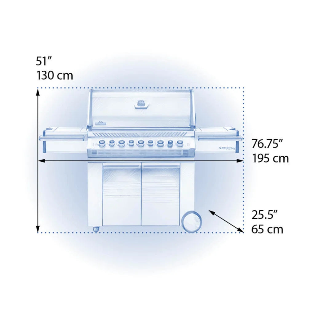 Napoleon Prestige Pro 665 gas grill features 99,000 total BTUs, eight burners, and 1,142 square inches of cooking space, perfect for large gatherings.