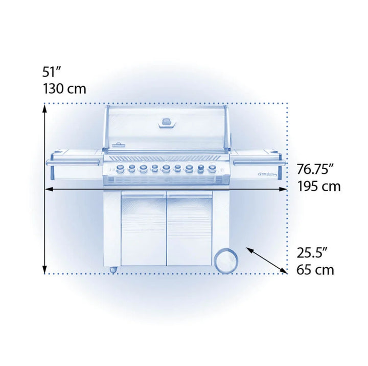 Napoleon Prestige Pro 665 gas grill features 99,000 total BTUs, eight burners, and 1,142 square inches of cooking space, perfect for large gatherings.