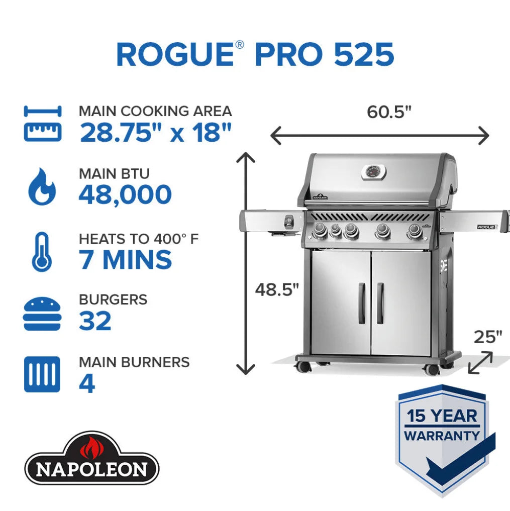Napoleon Rogue PRO 525 SIB Propane Gas Grill features stainless steel construction, four main burners, infrared side burner for searing, and ample cooking space for family meals or gatherings.