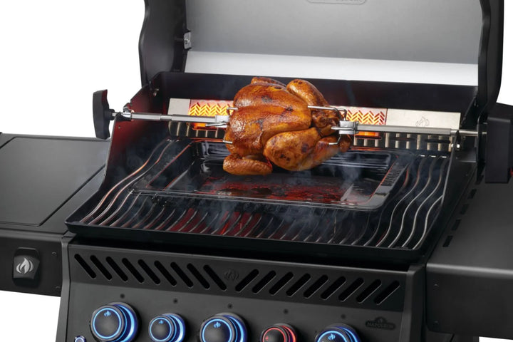 Napoleon Phantom Rogue PRO-S 425 RSIB grill in luxurious matte black features five burners, infrared rotisserie burner, SIZZLE ZONE side burner, and iconic WAVE cooking grids.