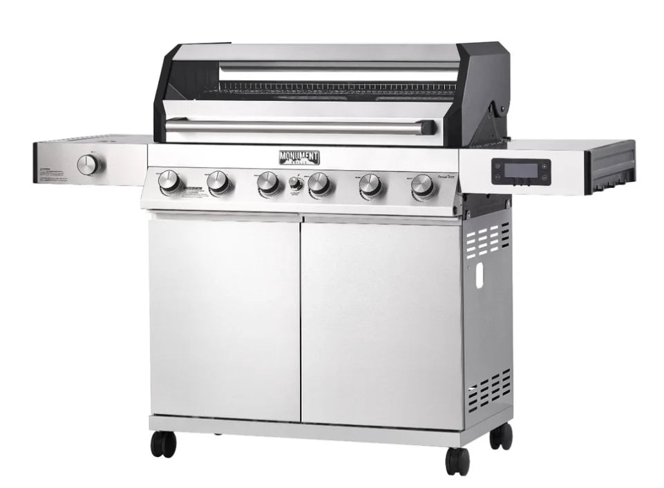 Monument Grills Denali Series D605 Stainless Steel Gas Grill featuring six high-output burners, digital touchscreen interface, Bluetooth connectivity, and color-changing LED backlit knobs for a smart grilling experience with 895 sq in of total cooking space.