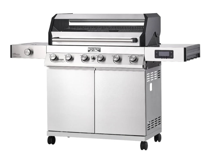 Monument Grills Denali Series D605 Stainless Steel Gas Grill featuring six high-output burners, digital touchscreen interface, Bluetooth connectivity, and color-changing LED backlit knobs for a smart grilling experience with 895 sq in of total cooking space.
