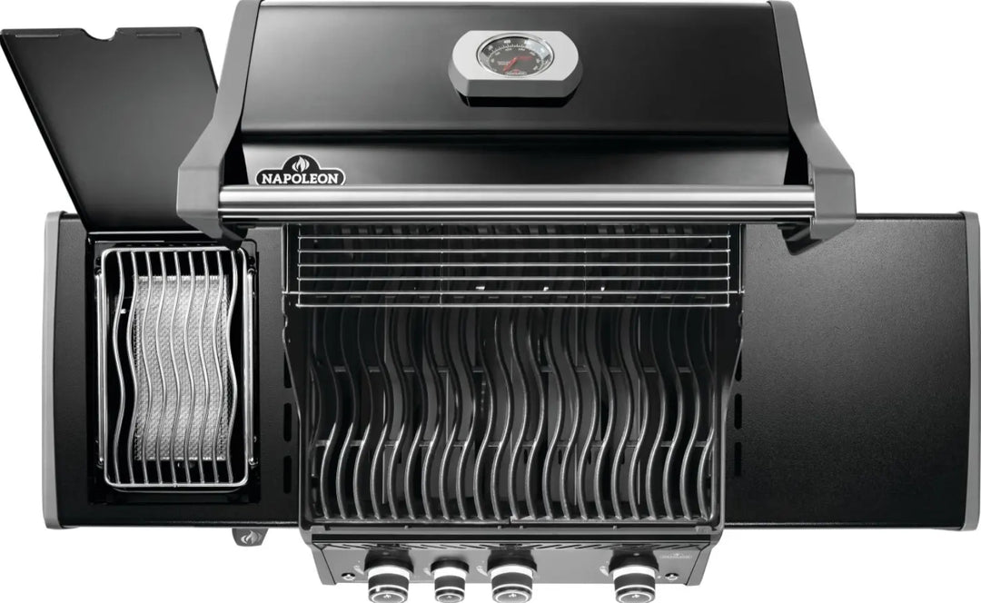 Napoleon Rogue PRO 425 SIB Natural Gas Grill with Infrared Side Burner features porcelainized cast iron cooking grids, three precision main burners, and an infrared side burner for even heat distribution and signature sear marks.