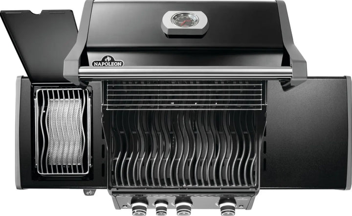 Napoleon Rogue PRO 425 SIB Natural Gas Grill with Infrared Side Burner features porcelainized cast iron cooking grids, three precision main burners, and an infrared side burner for even heat distribution and signature sear marks.