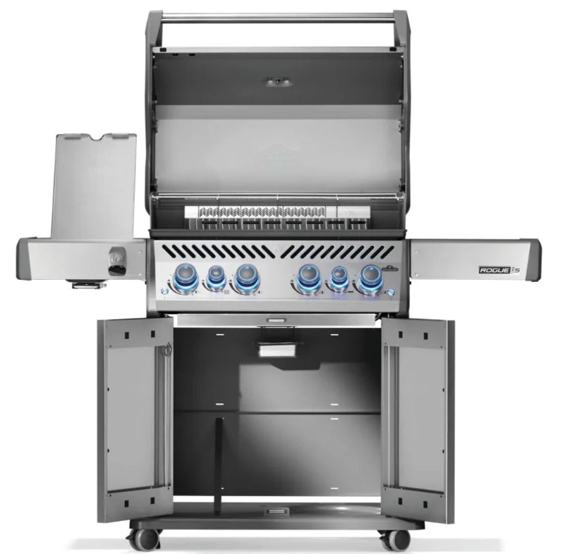 Napoleon Rogue PRO-S 525 RSIB grill features six burners, including infrared side and rear burners, stainless steel construction, and iconic WAVE cooking grids for professional-grade grilling performance.